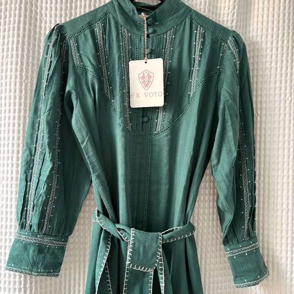 Ex Voto Sutton emerald green embroidered belted cotton maxidress women's small - Picture 9 of 11